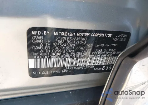 2023 Mitsubishi Outlander Se 2.5 2Wd/Se Black Edition 2Wd/Se Special Edition 2Wd from USA, damaged, VIN JA4J3UA89PZ020089